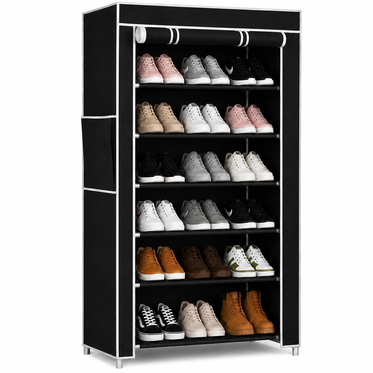 6 Shelf Black Shoe Rack with Dust Cover