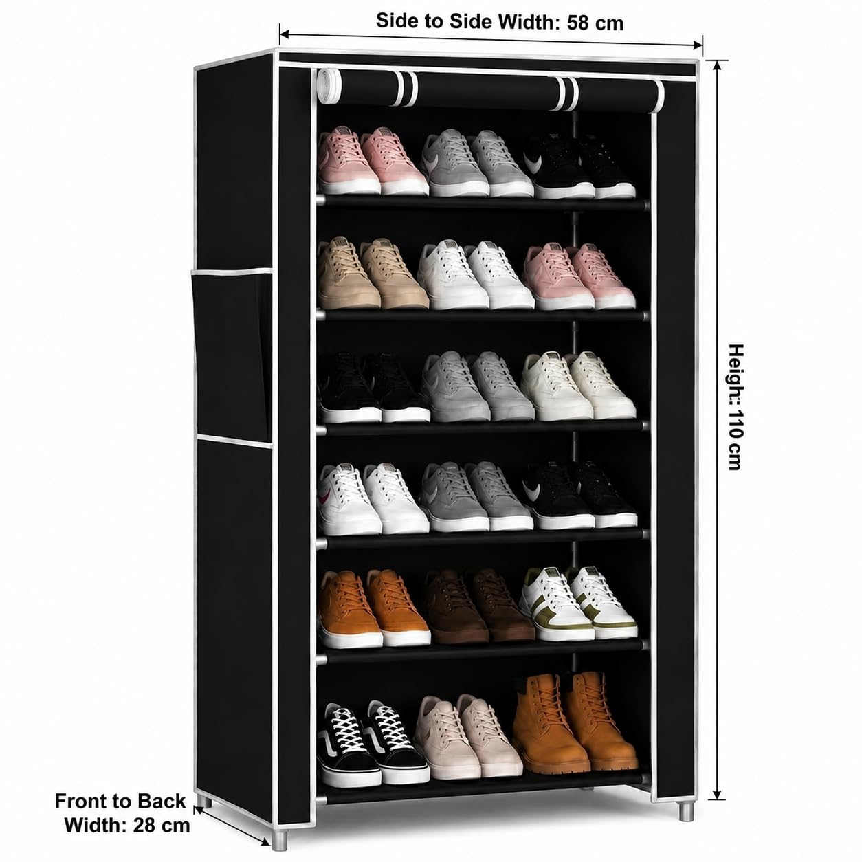 6 Shelf Black Shoe Rack with Dust Cover