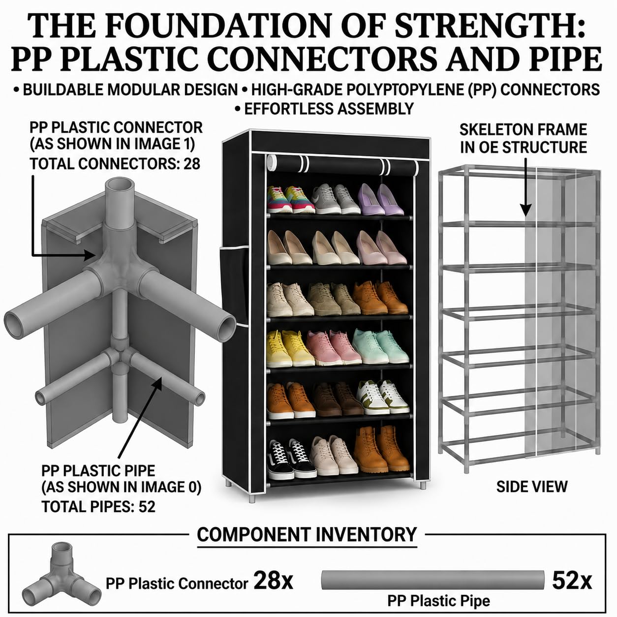 6 Shelf Black Shoe Rack with Dust Cover