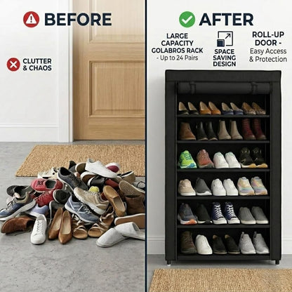 6 Shelf Black Shoe Rack with Dust Cover