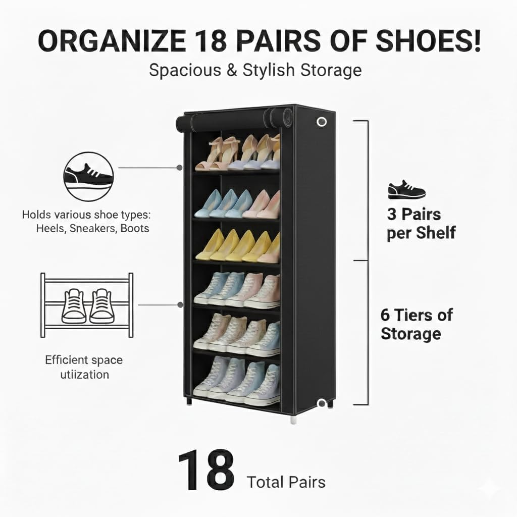6 Shelf Black Shoe Rack with Dust Cover