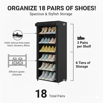 6 Shelf Black Shoe Rack with Dust Cover